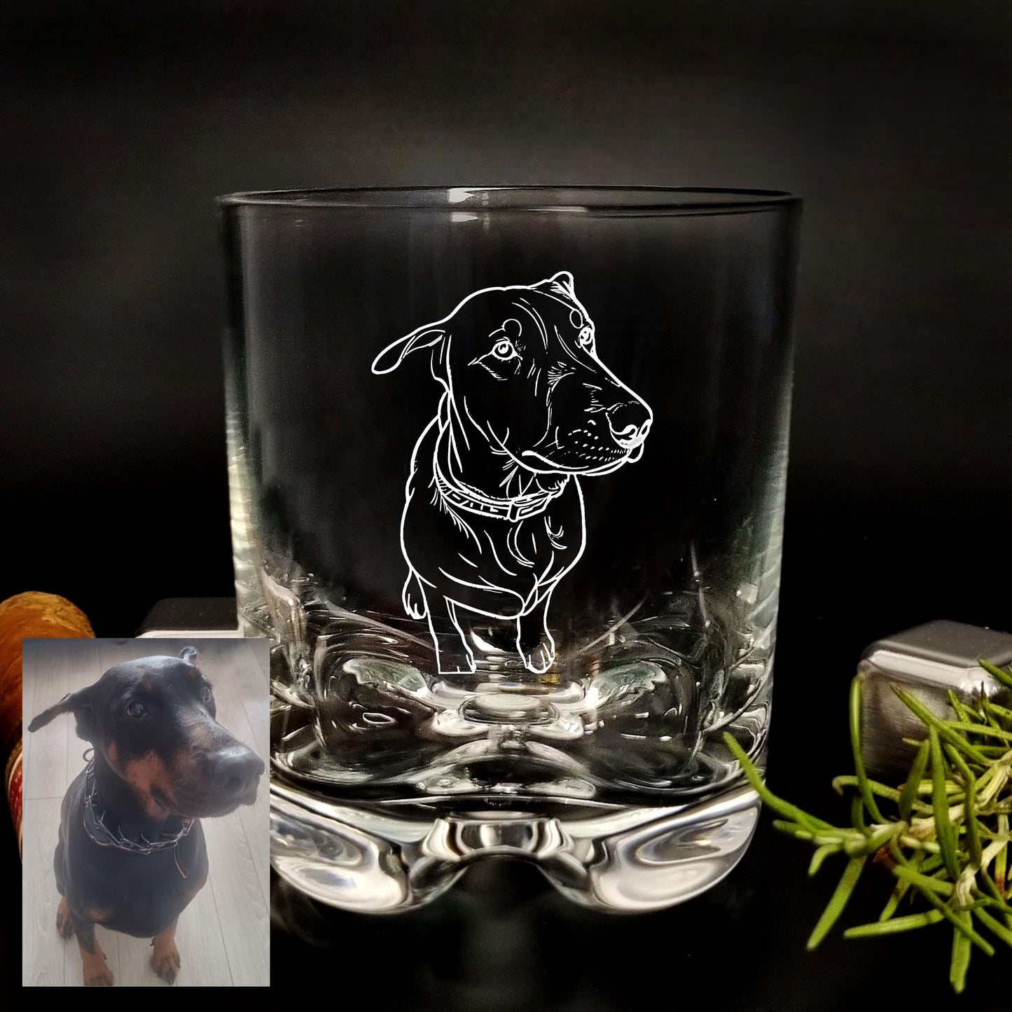 Hunde-Gedenkfoto für Papa, Whiskyglas, personalisiertes Whiskyglas mit eingraviertem Haustierportrait, Vatertagsgeschenk zum Verlust eines Haustiers, graviertes Hundeglas