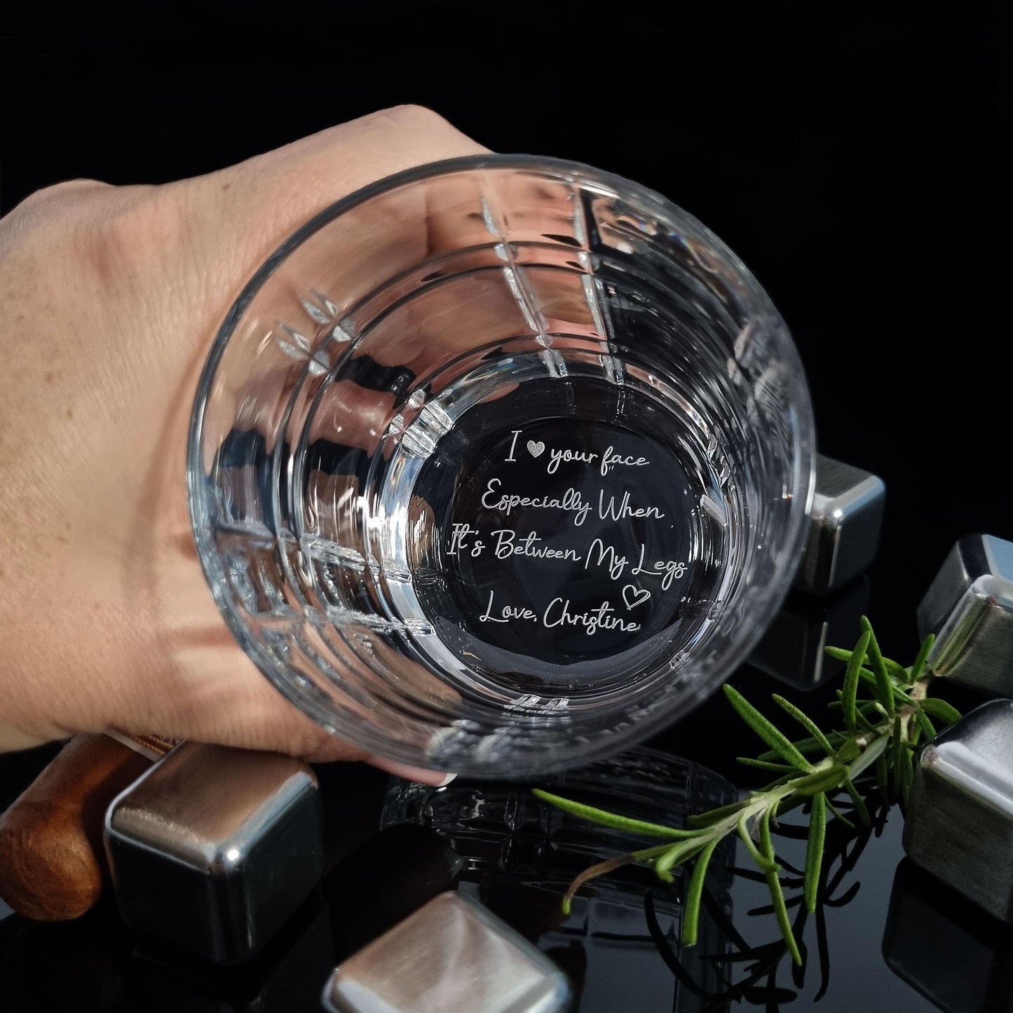 Whiskyglas mit personalisierter Gravur und geheimer Handschrift auf der Unterseite, 11 oz Whiskyglas, einzigartiges Geschenk für Ihn