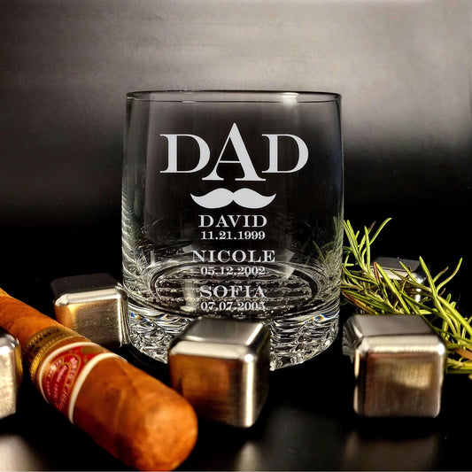 Father's Day Gift from Kids, Custom Engraved Whiskey Glass, Personalized Gift for Dad with Children's Names and Dates, New Dad Birthday Gift