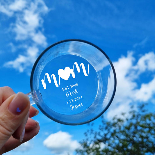 Engraved Clear Glass Mom Mug - Custom Bottom Message with Names - Gift for Mother’s Day, New Mom or Christmas
