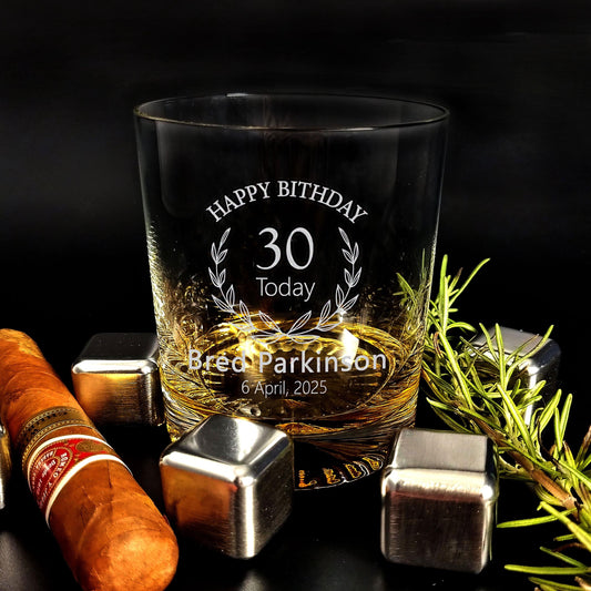 30th Years Birthday Gift for Him Whiskey Glass, Perfect Etched Glass Birthday Gift for Whiskey Lover, Personalized Glass Gift for Men
