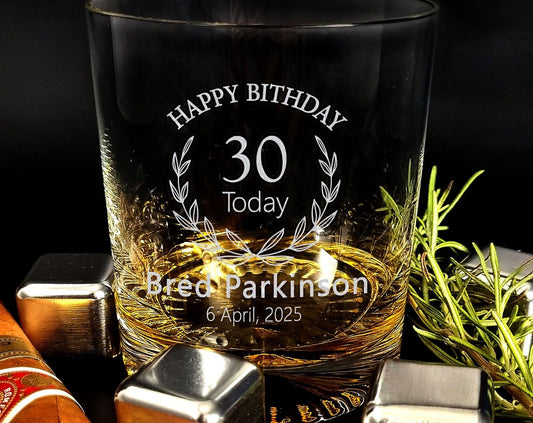 30th Years Birthday Gift for Him Whiskey Glass, Perfect Etched Glass Birthday Gift for Whiskey Lover, Personalized Glass Gift for Men